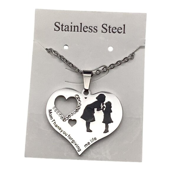 Heart Pendant Necklace Mother & Child Stainless Steel Chain Engraved Jewelry - Picture 1 of 14